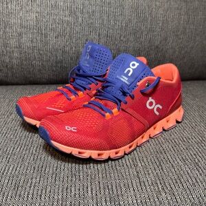 On Running Kids Sneakers - Red & Blue with Coral Sole